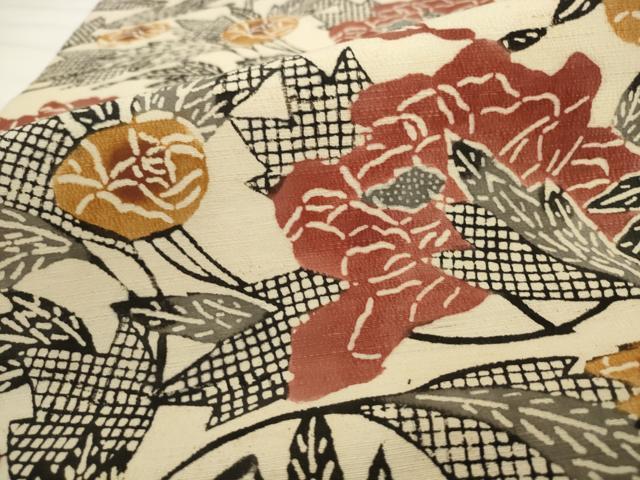 平和屋着物●九寸名古屋帯 紬地 型染め 草花文 正絹 逸品 AABL2125pf