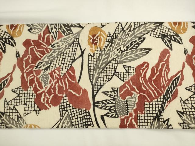 平和屋着物●九寸名古屋帯 紬地 型染め 草花文 正絹 逸品 AABL2125pf