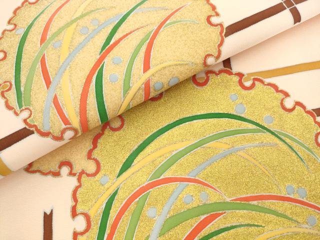 平和屋着物●塩瀬 九寸名古屋帯 雪輪重ね露芝文 金彩 正絹 逸品 AABL2127pf