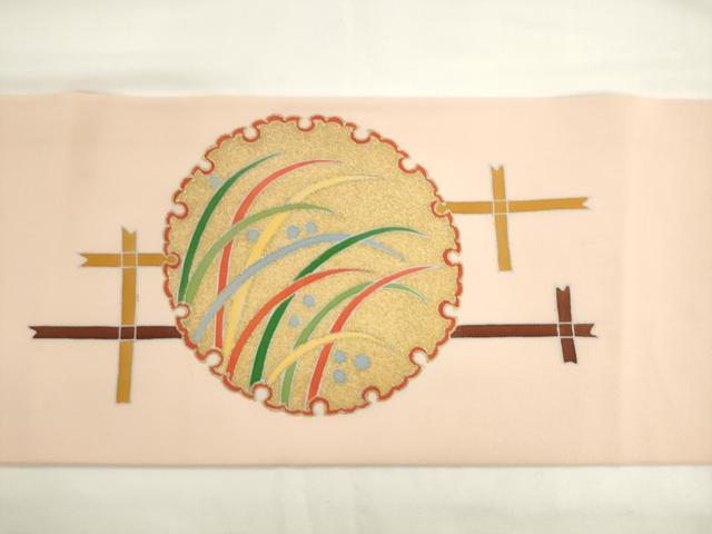 平和屋着物●塩瀬 九寸名古屋帯 雪輪重ね露芝文 金彩 正絹 逸品 AABL2127pf