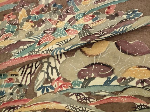 平和屋着物●九寸名古屋帯 紬地 紅型 風景文 正絹 逸品 AABL2148pf