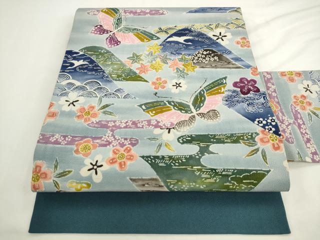 平和屋着物●九寸名古屋帯 型染め 風景花蝶文 正絹 逸品 AABL2151pf