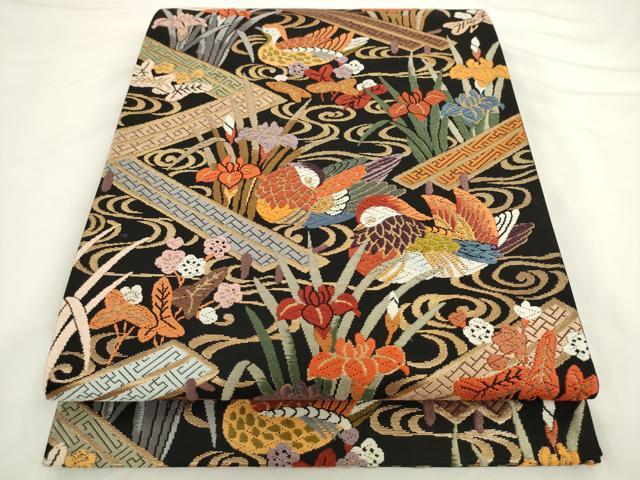 平和屋着物●六通柄袋帯 唐織 流水花鳥文 黒地 金糸 正絹 逸品 AABL2176pf
