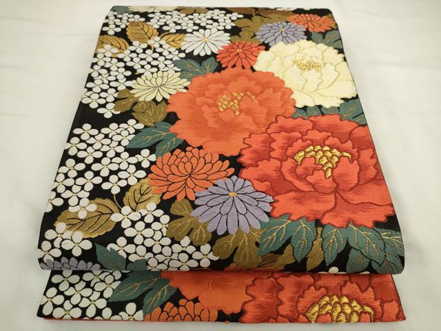 平和屋着物○六通柄袋帯 唐織 草花文 黒地 金糸 正絹 逸品 AABL2187pf