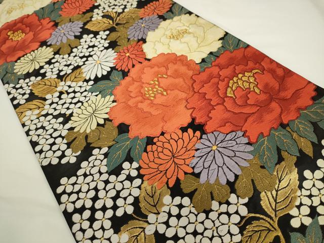 平和屋着物●六通柄袋帯 唐織 草花文 黒地 金糸 正絹 逸品 AABL2187pf