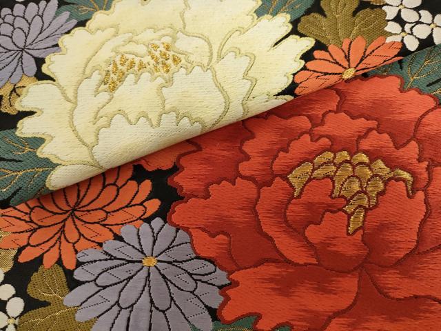 平和屋着物●六通柄袋帯 唐織 草花文 黒地 金糸 正絹 逸品 AABL2187pf