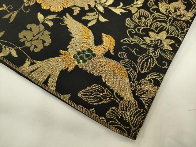 平和屋着物●六通柄袋帯 花鳥文 黒地 金糸 正絹 逸品 AABL2189pf