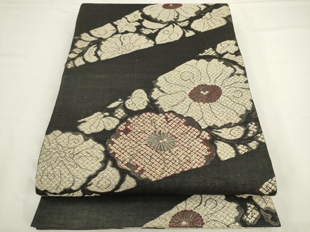 平和屋着物●六通柄袋帯 紬地 草花文 黒地 正絹 逸品 AABL2198pf