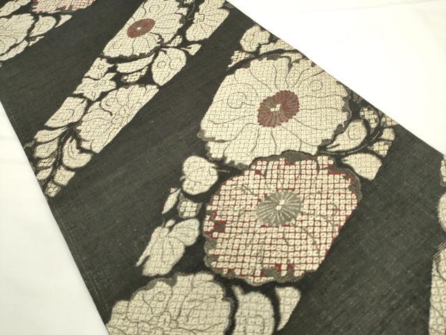 平和屋着物●六通柄袋帯 紬地 草花文 黒地 正絹 逸品 AABL2198pf