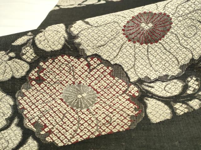 平和屋着物●六通柄袋帯 紬地 草花文 黒地 正絹 逸品 AABL2198pf