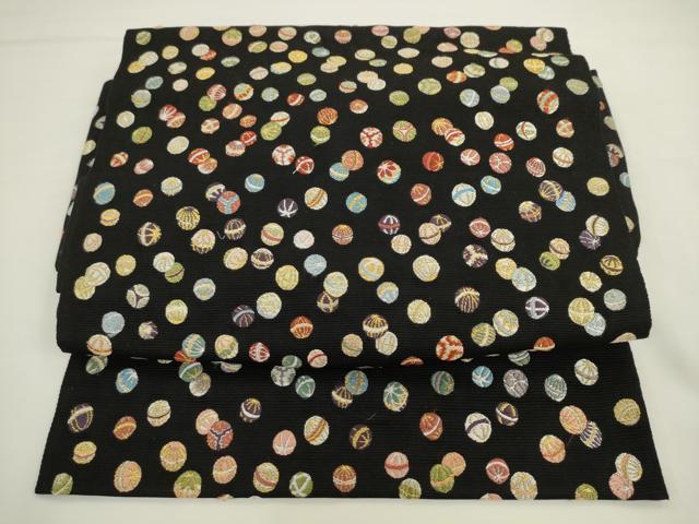 平和屋着物●西陣の老舗 1782年創業 山下織物 つけ帯 唐織 てんてんてまり 黒地 金糸 正絹 逸品 AABL2211pf