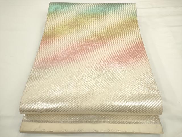 平和屋着物◎丸帯 瑞祥錦 虹彩斜縞文様 金銀糸 正絹 逸品 AABL2226pf