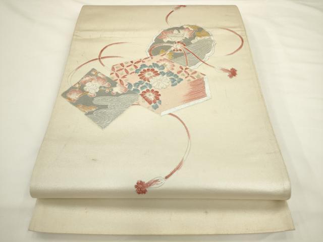 平和屋着物◎太鼓柄袋帯 花文箱 銀糸 正絹 逸品 AABL2229pf