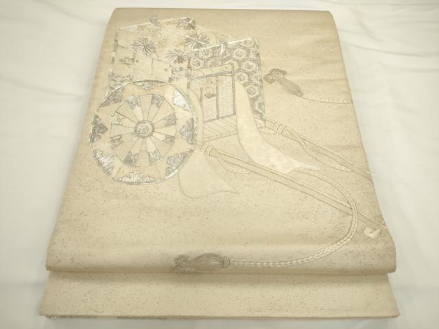 平和屋着物◎太鼓柄袋帯 駒刺繍 御所車花文 銀糸 正絹 逸品 AABL2231pf