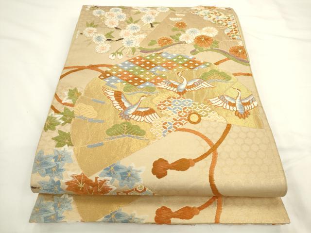 平和屋着物◎六通柄袋帯 唐織 扇面飛鶴花文 金糸 正絹 逸品 AABL2241pf