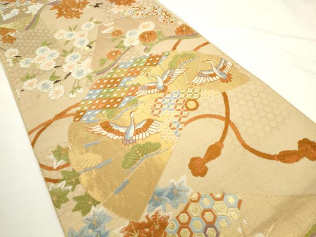 平和屋着物◎六通柄袋帯 唐織 扇面飛鶴花文 金糸 正絹 逸品 AABL2241pf