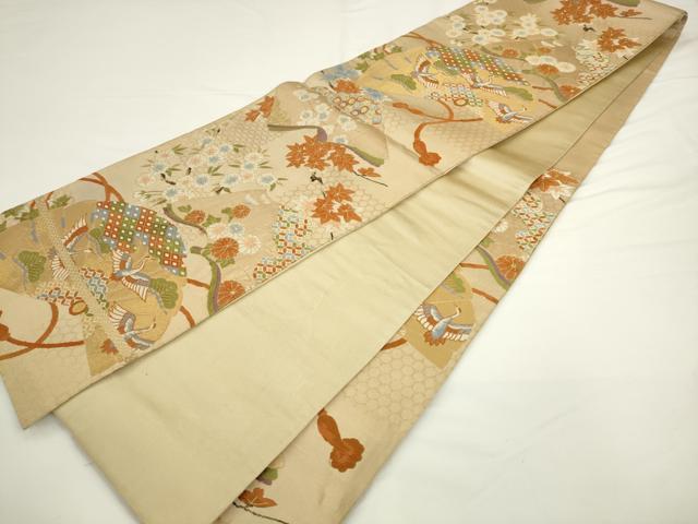 平和屋着物◎六通柄袋帯 唐織 扇面飛鶴花文 金糸 正絹 逸品 AABL2241pf