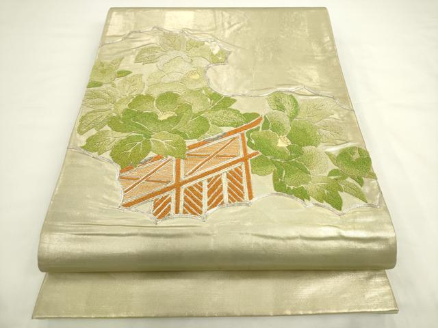 平和屋着物◎太鼓柄袋帯 中国三大刺繍 相良刺繍 駒刺繍 草花文 正絹 逸品 AABL2258pf
