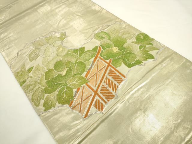 平和屋着物◎太鼓柄袋帯 中国三大刺繍 相良刺繍 駒刺繍 草花文 正絹 逸品 AABL2258pf