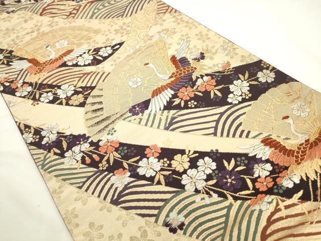 平和屋着物◎六通柄袋帯 唐織 檜扇飛鶴花文 金糸 正絹 逸品 AABL2261pf