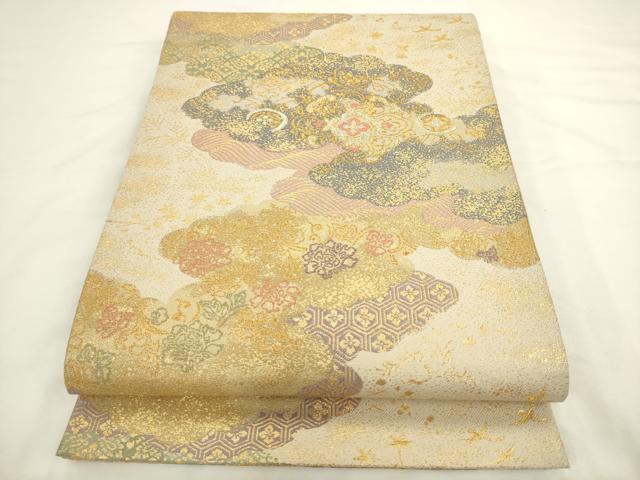 平和屋着物◎六通柄袋帯 瑞鳳 雲取り花文 金糸 正絹 逸品 AABL2266pf