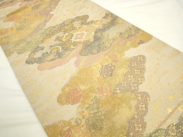 平和屋着物◎六通柄袋帯 瑞鳳 雲取り花文 金糸 正絹 逸品 AABL2266pf