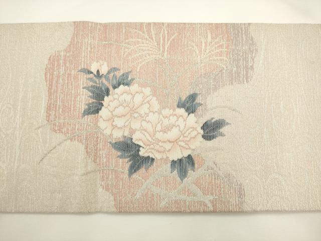 平和屋着物◎九寸名古屋帯 流水牡丹文 銀糸 正絹 逸品 AABL2278pf