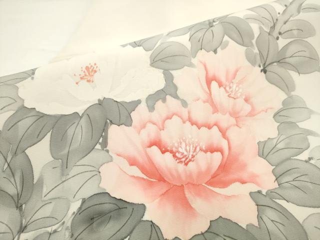 平和屋着物▼塩瀬 九寸名古屋帯 手描き 牡丹文 正絹 逸品 AABL2307pf