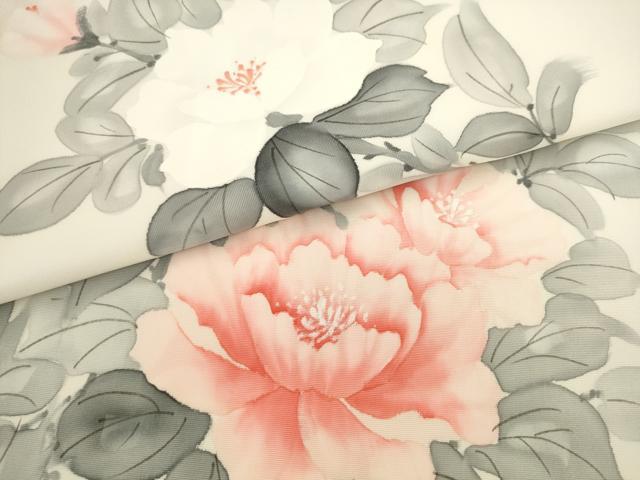 平和屋着物▼塩瀬 九寸名古屋帯 手描き 牡丹文 正絹 逸品 AABL2307pf