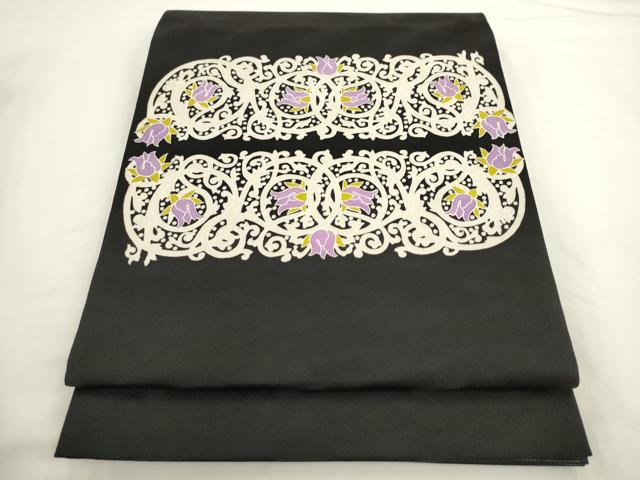 平和屋着物●太鼓柄袋帯 草花文 黒地 正絹 逸品 AABL2316pf