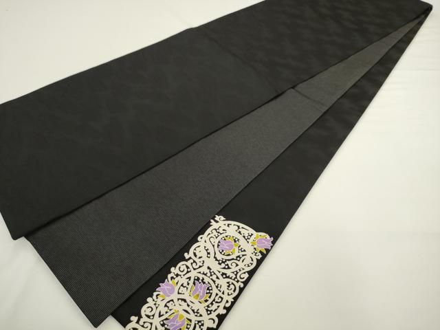 平和屋着物●太鼓柄袋帯 草花文 黒地 正絹 逸品 AABL2316pf