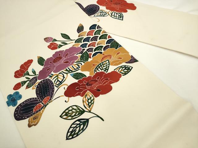 平和屋着物●塩瀬 九寸名古屋帯 型染め 花蝶文 正絹 逸品 AABL2326pf
