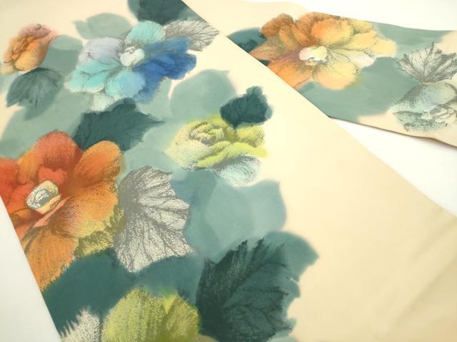 平和屋着物●塩瀬 九寸名古屋帯 草花文 正絹 逸品 AABL2335pf