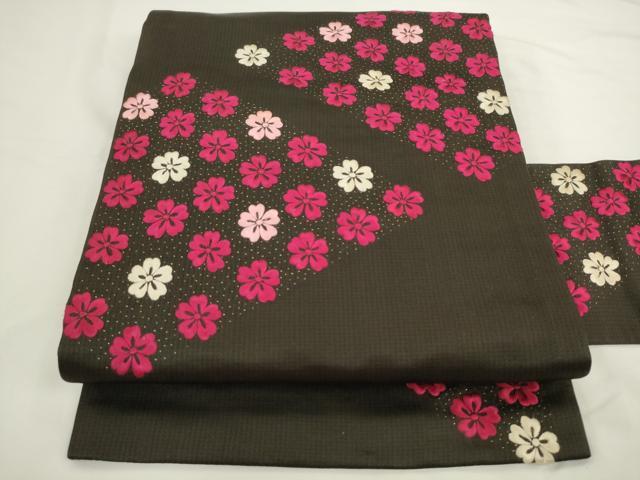 平和屋着物●アンティーク 大正ロマン 九寸名古屋帯 総手刺繍 舞花文 黒地 正絹 逸品 AABL2341pf