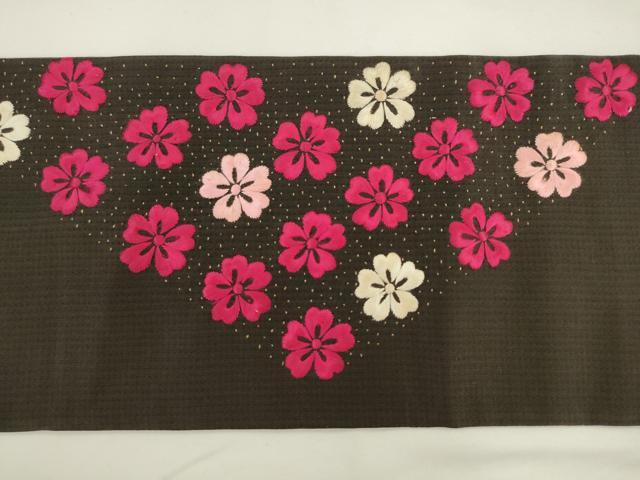 平和屋着物●アンティーク 大正ロマン 九寸名古屋帯 総手刺繍 舞花文 黒地 正絹 逸品 AABL2341pf