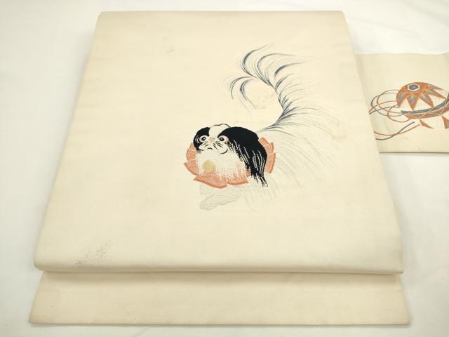 平和屋着物▼九寸名古屋帯 犬 チン 金糸 正絹 逸品 AABL2341pf