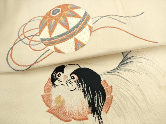 平和屋着物▼九寸名古屋帯 犬 チン 金糸 正絹 逸品 AABL2341pf