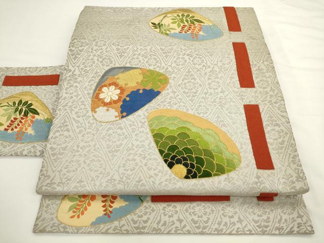 平和屋着物●西陣 川島織物 九寸名古屋帯 総刺繍 貝合わせ花文 金銀糸 正絹 逸品 AABL2351pf