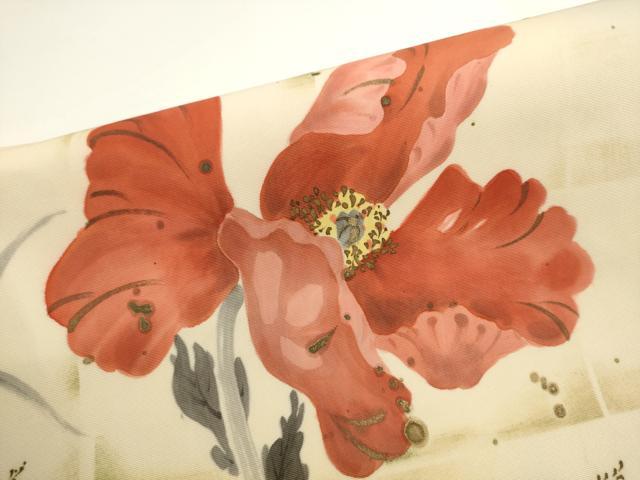 平和屋着物●塩瀬 つけ帯 手描き 草花文 正絹 逸品 AABL2355pf