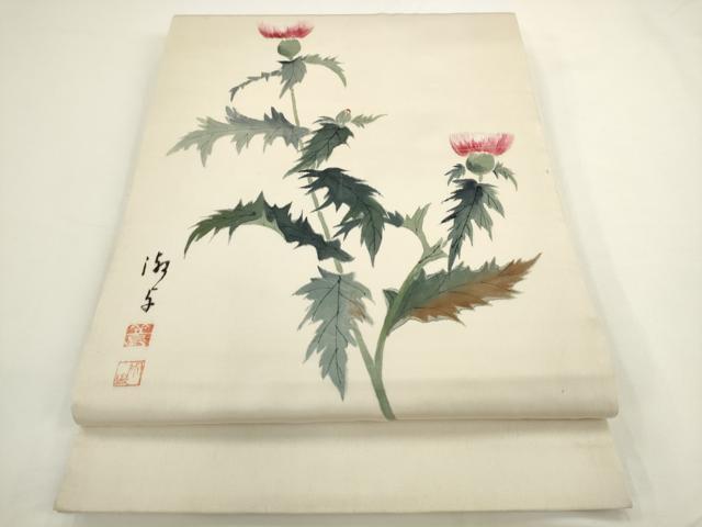 平和屋着物▼塩瀬 太鼓柄京袋帯 作家物 手描き たんぽぽ 正絹 逸品 AABL2359pf
