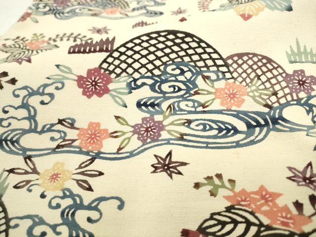 平和屋着物●九寸名古屋帯 紬地 紅型 流水花籬文 正絹 逸品 AABL2371pf