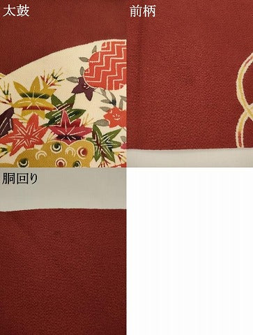 平和屋着物▼九寸名古屋帯 型染め 扇面草花文 鬼しぼ縮緬 正絹 逸品 AABL2372pf