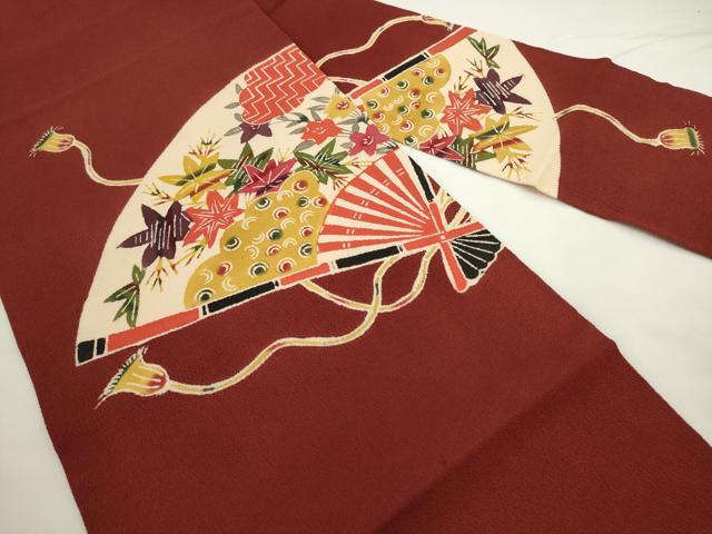 平和屋着物▼九寸名古屋帯 型染め 扇面草花文 鬼しぼ縮緬 正絹 逸品 AABL2372pf