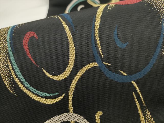 平和屋着物●両面半幅帯 幾何学文様 黒地 金糸 正絹 逸品 AABL2420pf