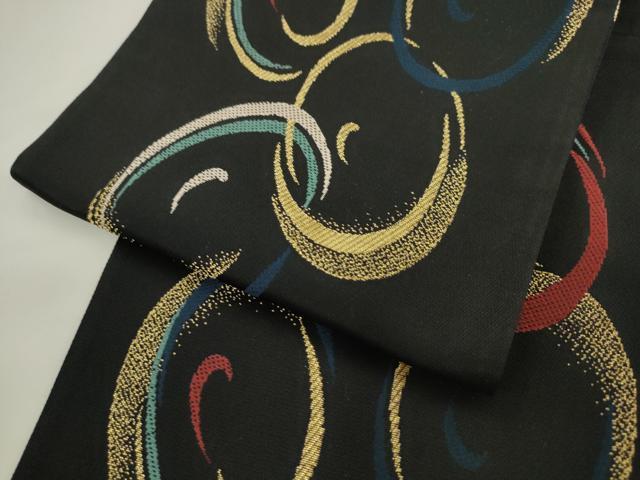 平和屋着物●両面半幅帯 幾何学文様 黒地 金糸 正絹 逸品 AABL2420pf
