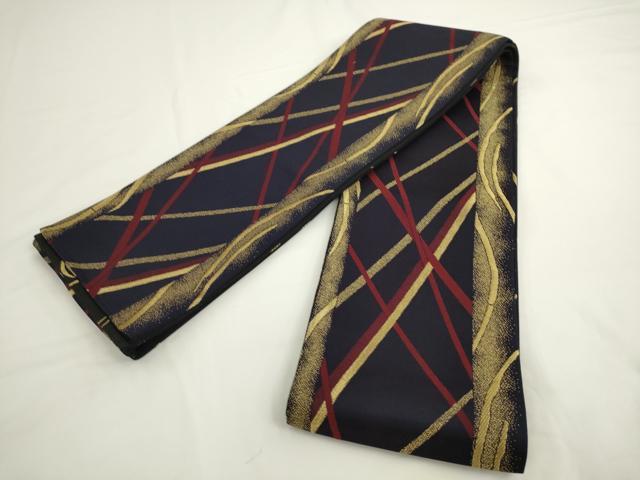 平和屋着物●両面半幅帯 幾何学文様 黒地 金糸 正絹 逸品 AABL2420pf