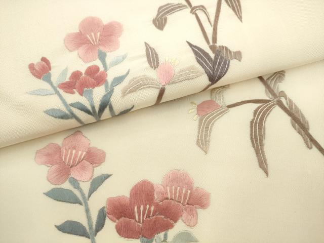 平和屋着物●九寸名古屋帯 総刺繍 草花文 正絹 逸品 AABL2424pf