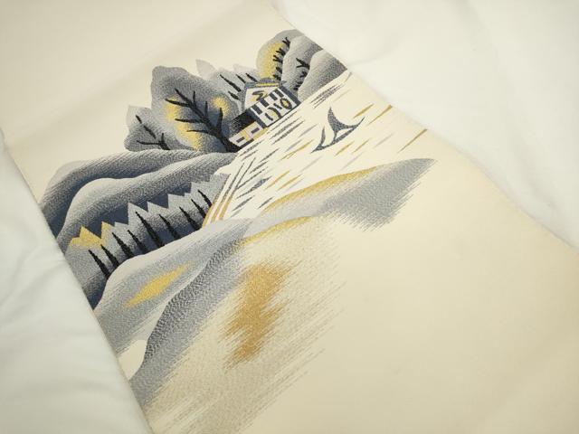 平和屋着物●爪掻き本綴れ 八寸名古屋帯 風景文 金糸 正絹 逸品 AABL2441pf