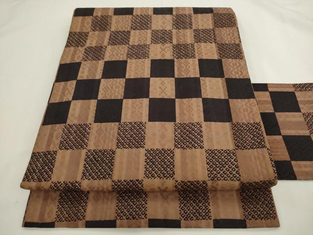 平和屋着物●全通柄九寸名古屋帯 市松文様 花織 正絹 逸品 AABL2467pf