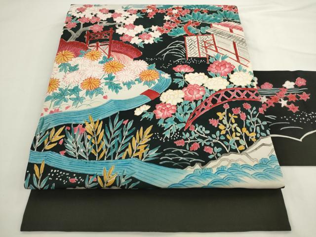 平和屋着物●塩瀬 九寸名古屋帯 手描き 風景文 黒地 正絹 逸品 AABL2475pf